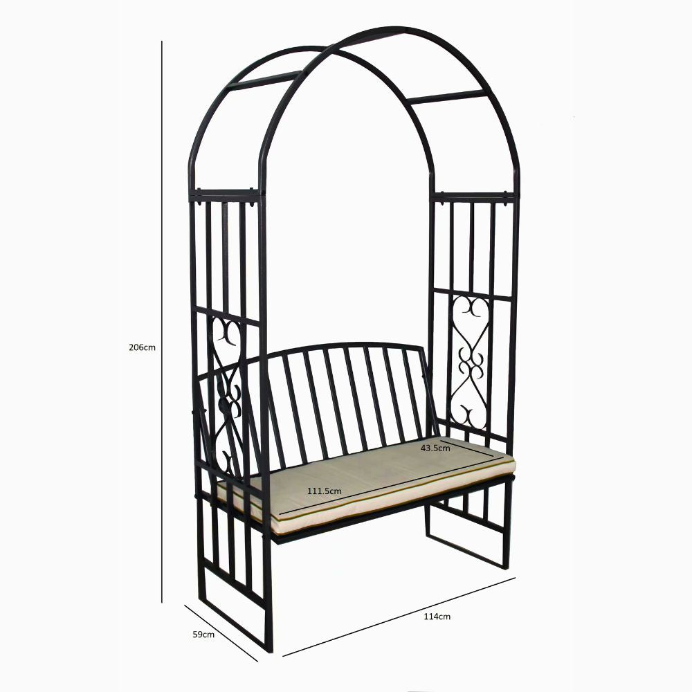Huntingdon Garden Arch with Bench and Cushion – Steel Frame Seating in Gun Metal Grey