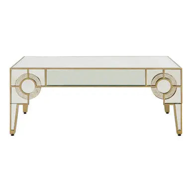 Antique Motif Mirrored Glass Coffee Table with Natural Gold Tone Border, Knightsbridge