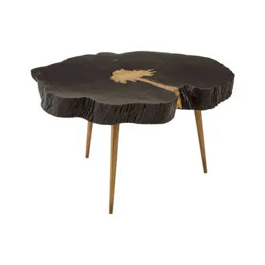 Black Acacia wood Slice Side Table with Gold Metallic Centre and Aluminium Legs, Asamra