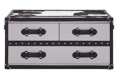 Black and White Cowhide Coffee Table with 3 Drawers and Leather Trim, Kensington Townhouse