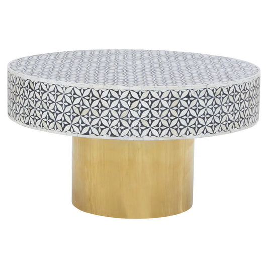 Black and White Round Geometric Bone Inlay Coffee Table with Gold Finish Base, Fusion