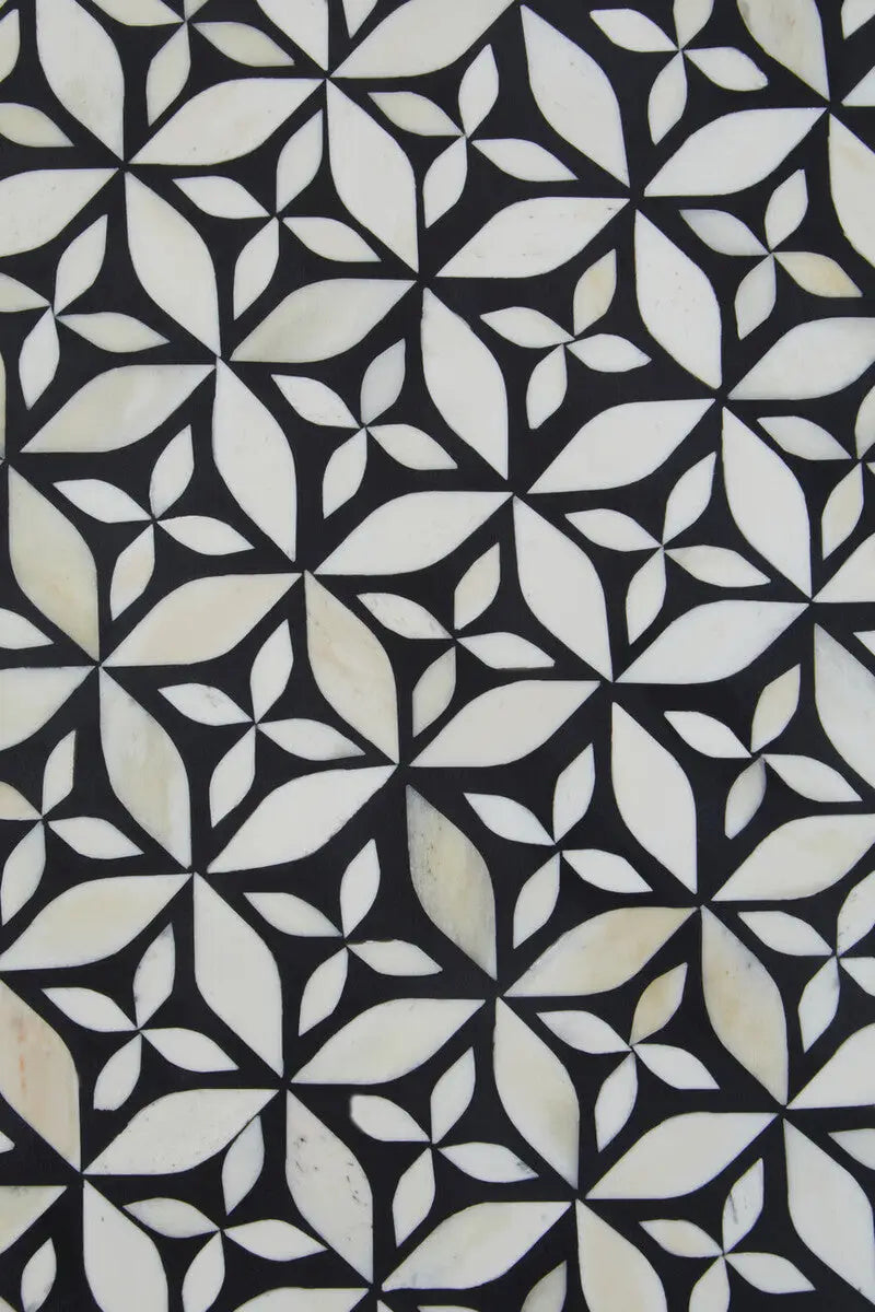 Black and White Round Geometric Bone Inlay Coffee Table with Gold Finish Base, Fusion