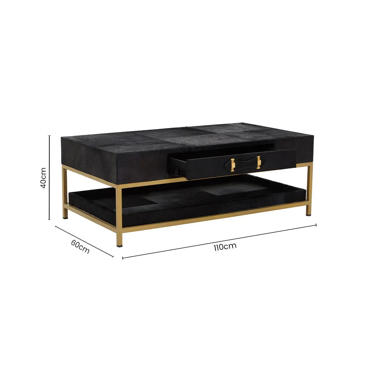 Black Hair-On-Hide Leather Coffee Table with Gold Metal Frame and Storage Drawer | Kensington Townhouse