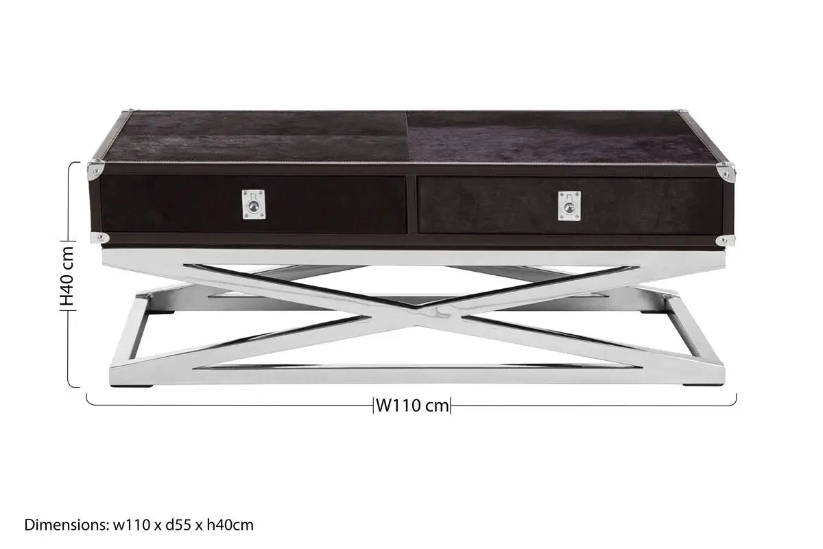 Black Hair-On-Hide Wood Top and Silver-Finished Frame Console Table with 2 Drawers, Kensington Townhouse