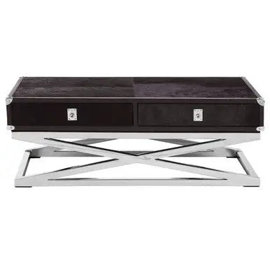 Black Hair-On-Hide Wood Top and Silver-Finished Frame Console Table with 2 Drawers, Kensington Townhouse
