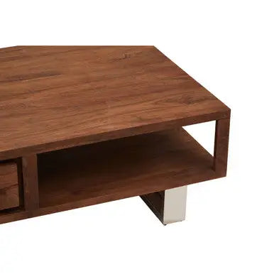 Brown Acacia Wood 1-Drawer Coffee Table with 1 Open Shelf and Stainless Steel Legs, Simla