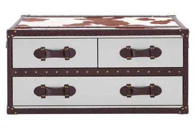 Brown and White Genuine Cowhide Coffee Table with 3 Drawers and Leather Handles, Kensington Townhouse