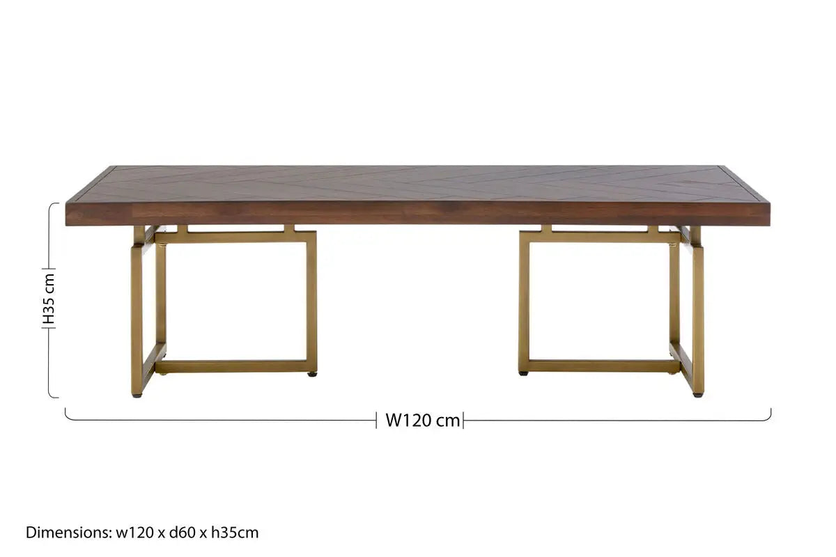 Brown Herringbone Wood Effect Coffee Table in Rich Acacia Tones with Brass Legs, Brando