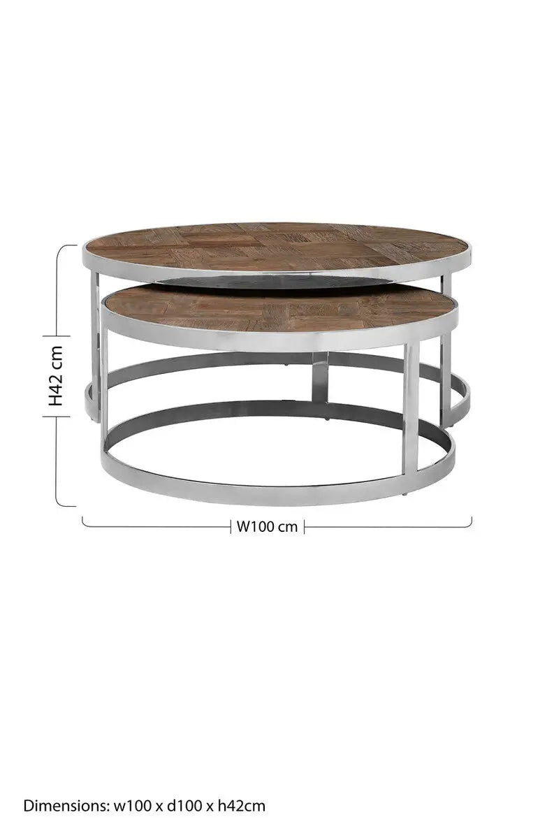 Brown Parquet Effect Elm Wood Top Nest of 2 Tables with Stainless Steel Frames, Mitra
