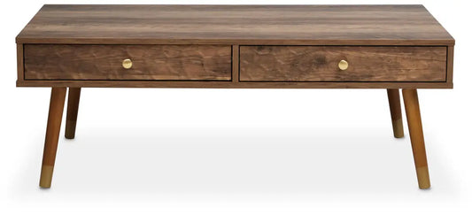 Brown Wood Veneer Coffee Table with 2 Drawers and Angular Wooden Legs | Frida