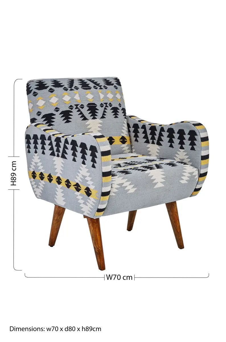Cefena Multi Coloured Fabric Kilim Style Armchair with Rounded Armrests