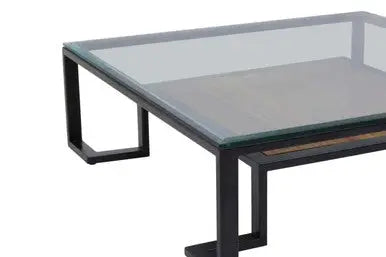 Cibo Clear Glass and Black Metal Coffee Table with Lower Shelf
