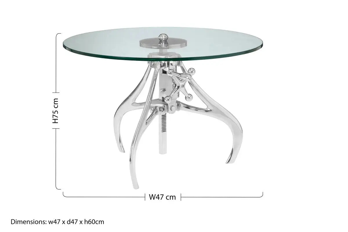 Clear Glass Top Accent Table with Silver Height Adjustable Crank Mechanism Metal Frame, Maxi