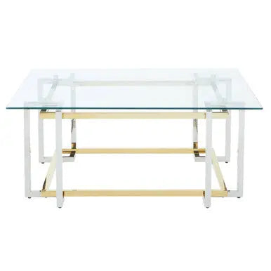 Clear Tempered Glass Top Coffee Table with Silver and Gold Stainless Steel Base, Elino