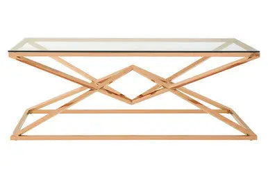 Corseted Rose Gold Triangle Steel Base Coffee Table with Tempered Glass Top, Allure
