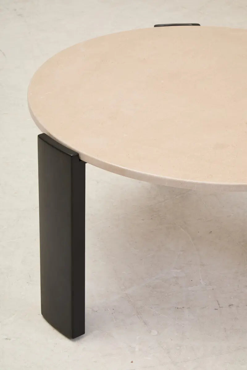 Cream Round Marble Top Large Coffee Table with Black Acacia Legs, Palermo