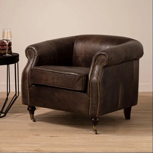 Dark Grey Brown Leather Curved Armchair | Victor