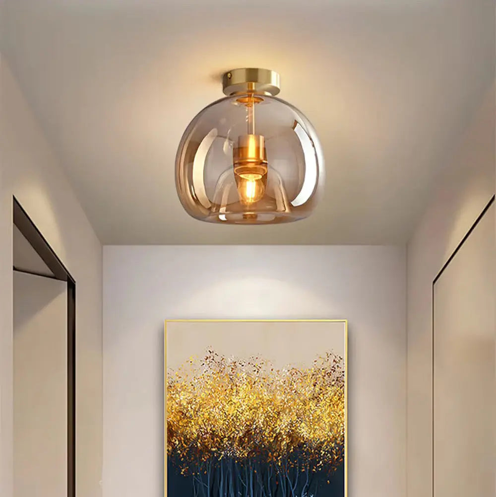 Dome Semi-Flush Glass Ceiling Light E27 Black Gold Bedroom Bathroom