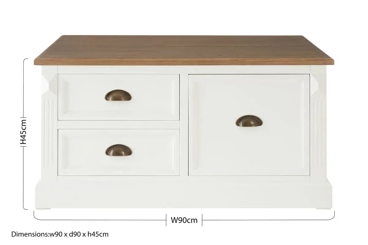 Fir Wood Veneer Top and White Wooden Square Coffee Table with 3 Drawers, Hardwick