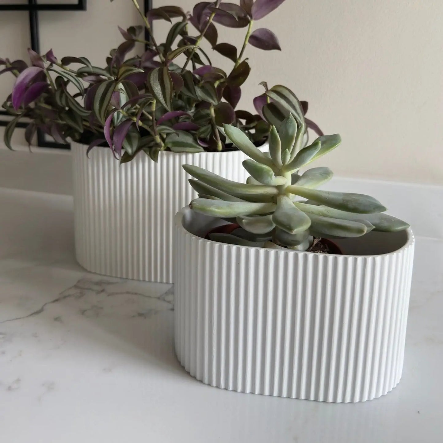 Flutini | White Fluted Oval Stone Resin Indoor Plant Pots (2 Pot Set)