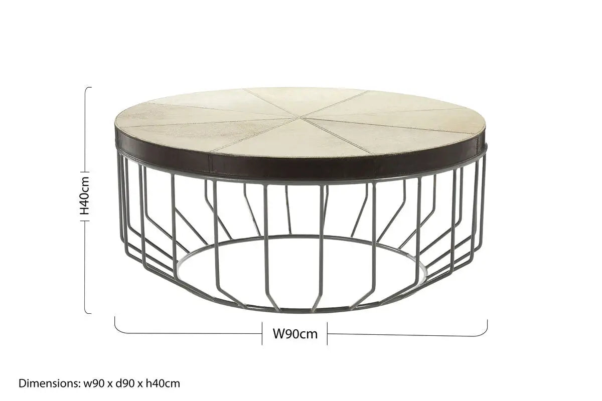 Genuine Leather Coffee Table with Distressed Grey Iron Cage Base, Kensington Townhouse