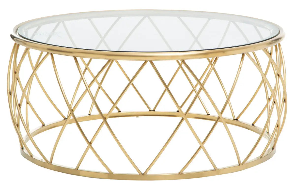 Gold Base Round Coffee Table with Clear Glass Top, Ackley