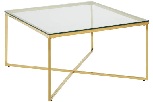 Gold Finish Coffee Table with Intersecting Cross Base and Clear Glass Top | Allure