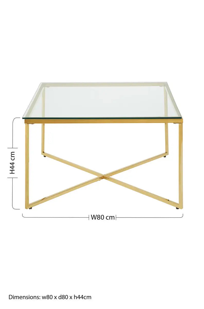 Gold Finish Coffee Table with Intersecting Cross Base and Clear Glass Top, Allure