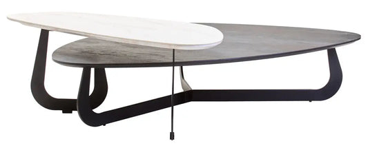 Grey and White Marble Effect Ceramic Tops Large 2-Tier Asymmetrical Coffee Table with Black Metal Base, Imperia