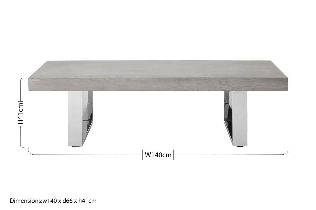 Grey Elm Wood Low Coffee Table with Silver U-Shaped Steel Legs, Ulmus