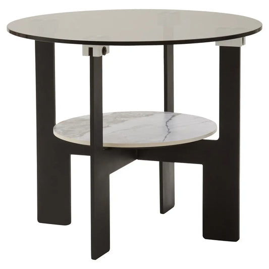 Grey Glass Round Top Coffee Table with Marble Effect Ceramic Shelf and Black Metal Legs | Imperia