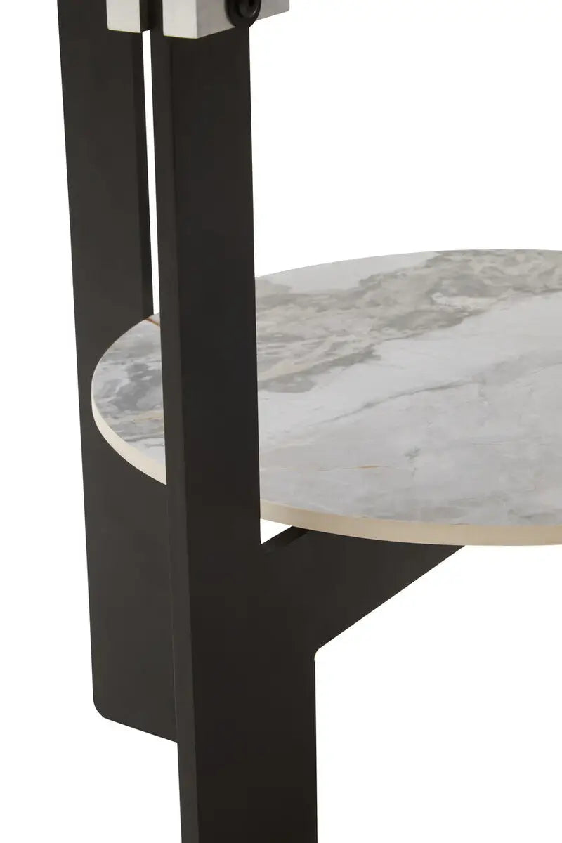 Grey Glass Round Top Coffee Table with Marble Effect Ceramic Shelf and Black Metal Legs, Imperia