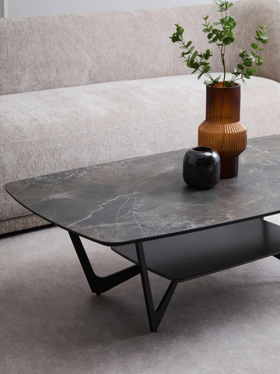 Grey Marble Effect Ceramic Top Coffee Table with Black Metal Legs and Lower Shelf, Imperia