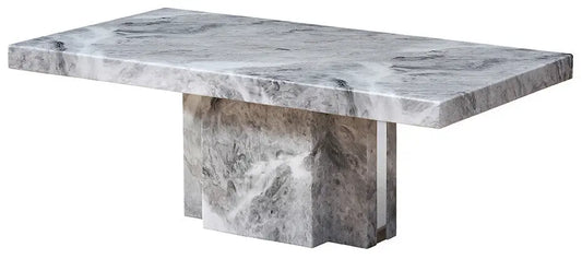 Grey Marble Top Coffee Table with Pedestal Base and Silver Metal Trim, Saronno