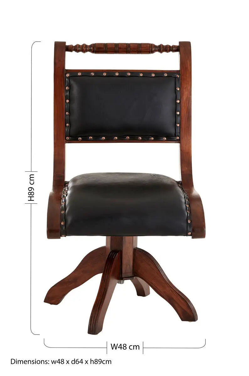 Inca Black Genuine Leather Swivel Chair with Wood Frame