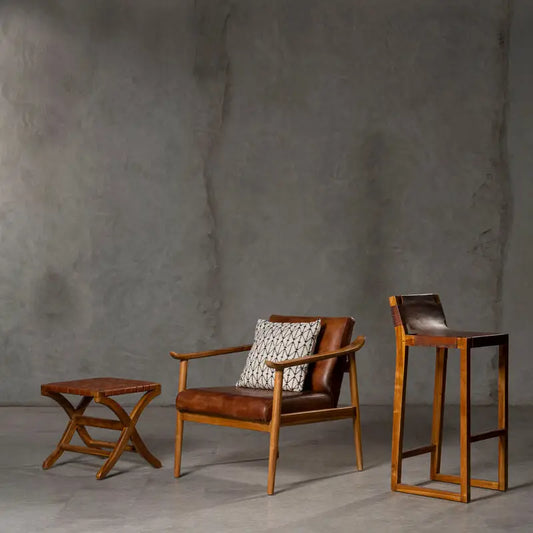 Kendari Brown Leather with Natural Teak Wood Armchair