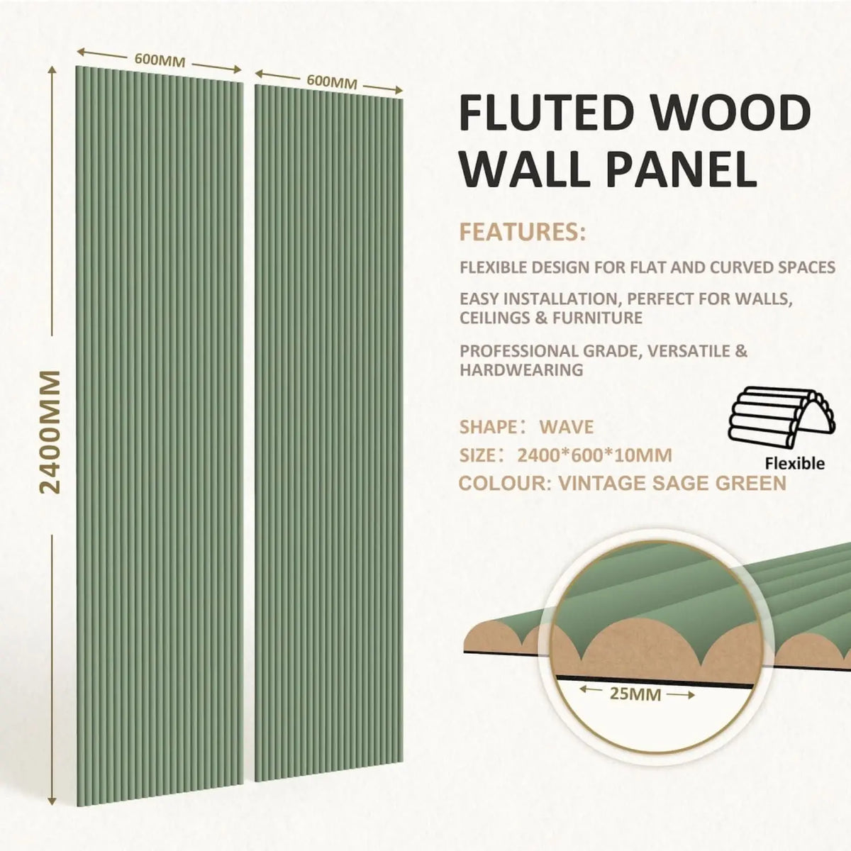 Large Fluted Wall Panels in Vintage Sage Green - 240cm x 60cm