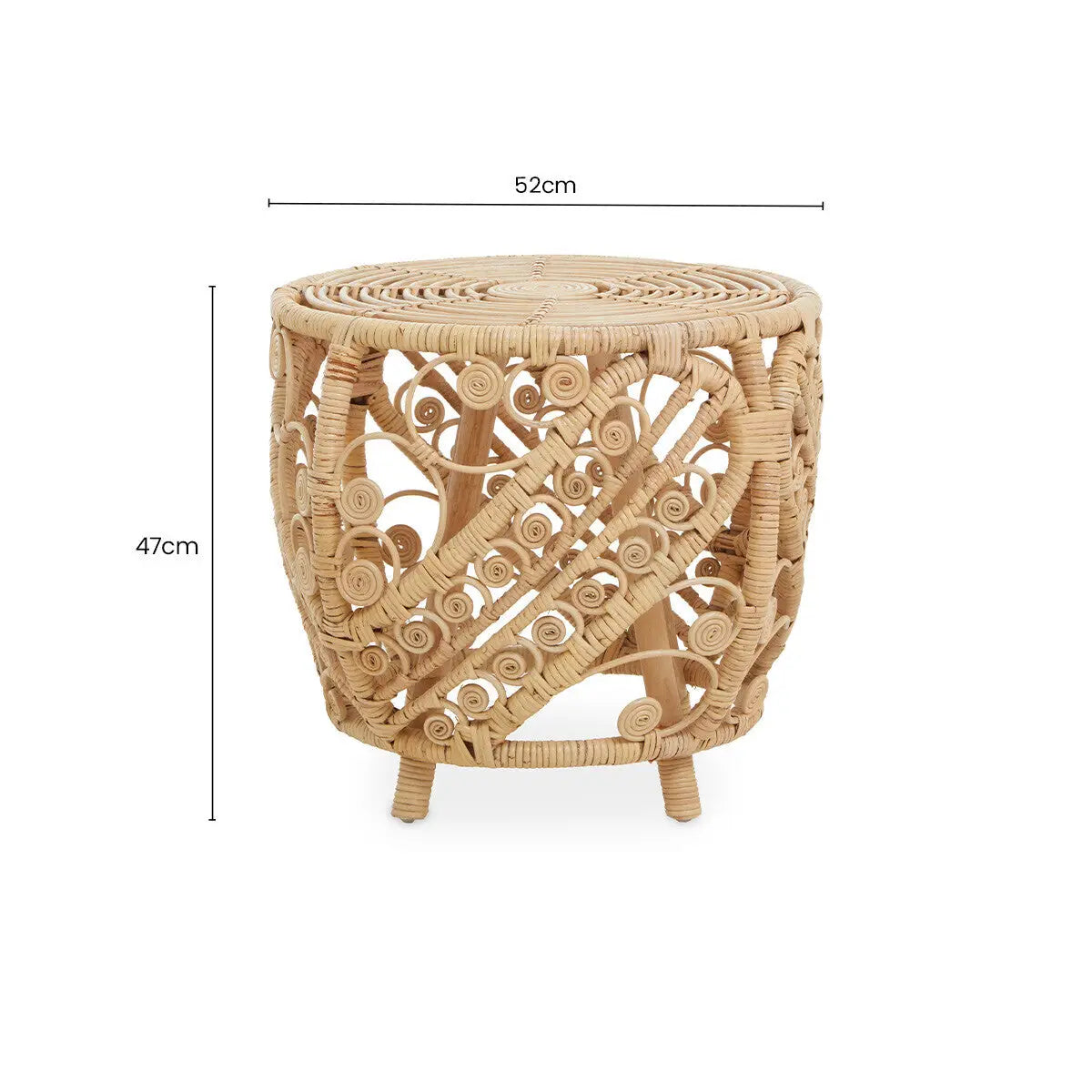 Large Natural Rattan Side Table with Tight Weave and Scrolled Detail, Mataram