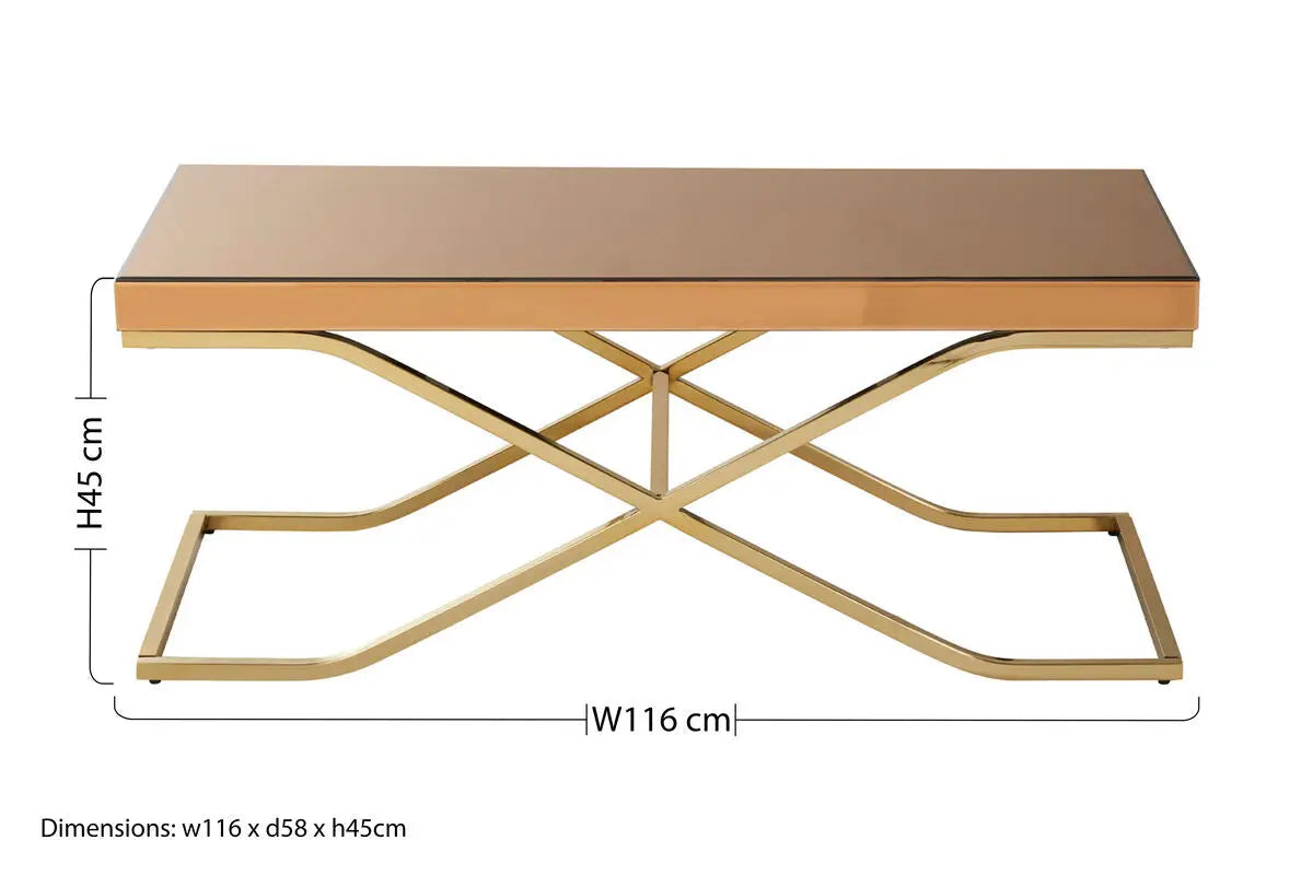 Light Brown Glass Top Coffee Table with Gold Finish Iron Frame, Kensington Townhouse