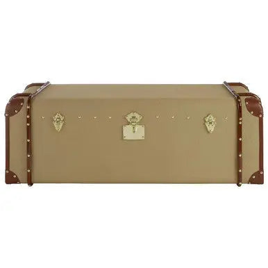 Mango Wood Canvas Trunk Coffee Table with Genuine Leather Detail, Columbus