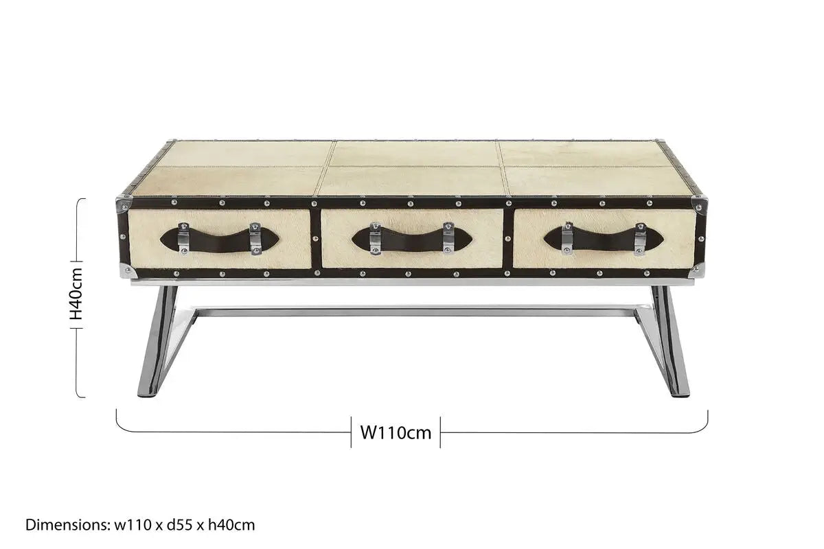 Mango Wood Three-Drawer Coffee Table with Leather Handles Black Trim and Stud Detailing, Kensington Townhouse