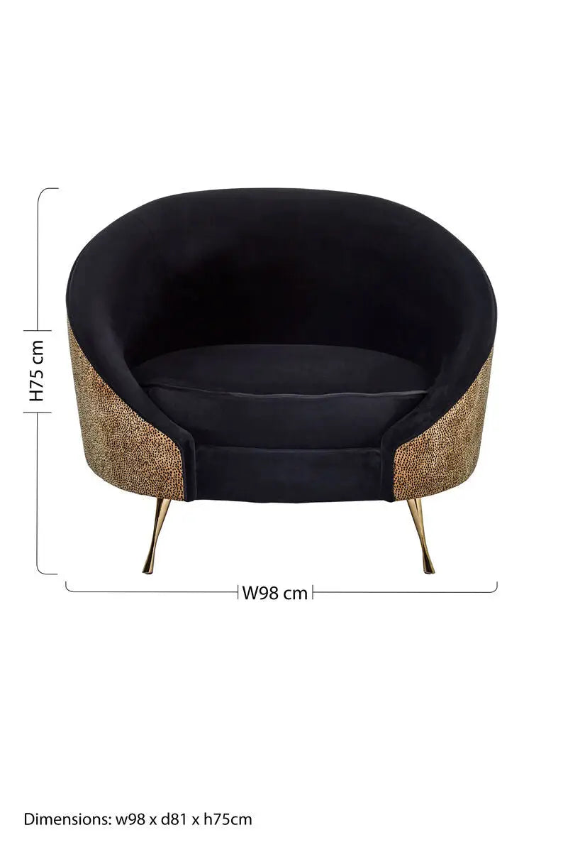Manhattan Black Velvet and Leopard Print Cocoon Chair with Gold Finish Legs