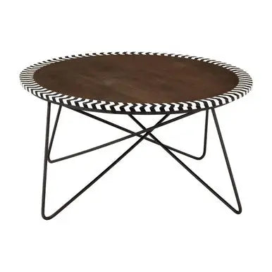 Natural Acacia Wood Coffee Table with Chevron Trim and Black Iron Hairpin Legs, Artisan