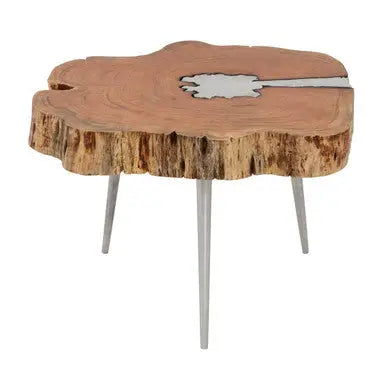 Natural Acacia Wood Log Slice Coffee Table with Silver Centre Detail and Aluminium Splayed Legs, Almora