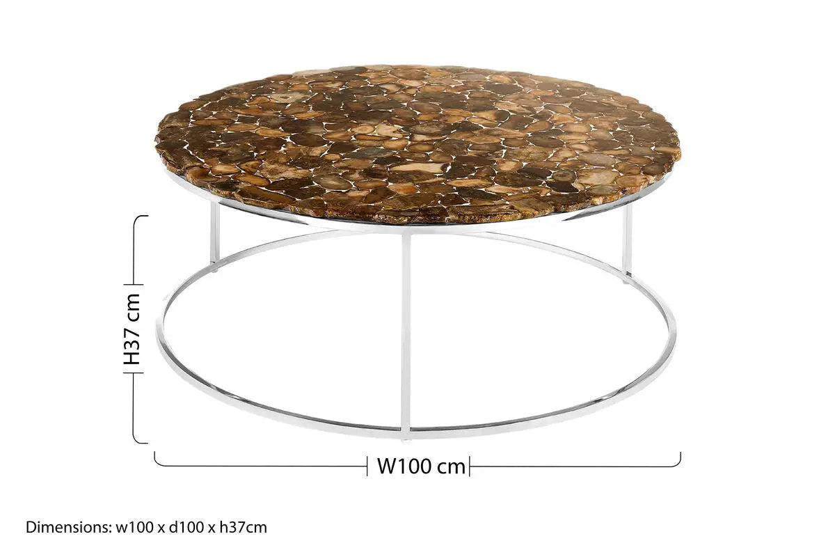 Natural Agate Top Round Coffee Table with Reflective Stainless Steel Base, Relic