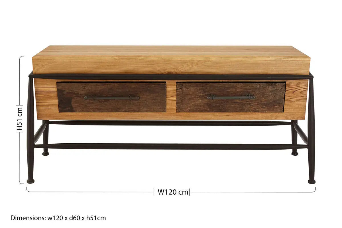 Natural and Brown Wooden Coffee Table with Metal Legs, New Foundry