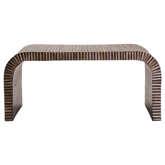 Natural Finish Curved Coffee Table with Striped Bamboo Inlay | Bambusa