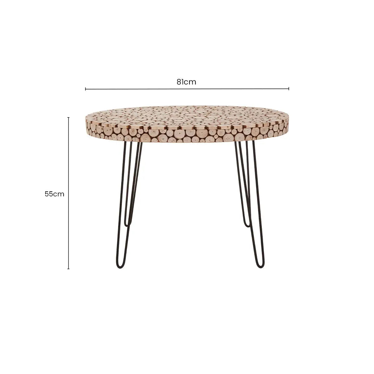 Natural Fir Wood Disc Mosaic Oval Coffee Table with Black Metal Hairpin Legs | Lacuna