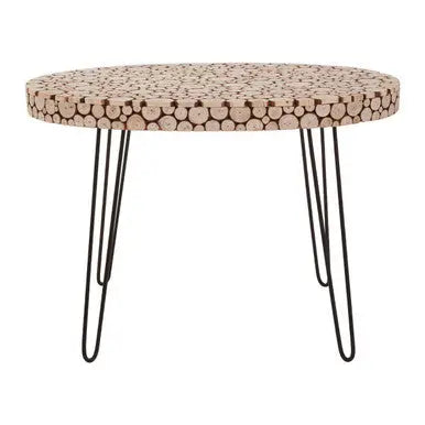 Natural Fir Wood Disc Mosaic Oval Coffee Table with Black Metal Hairpin Legs | Lacuna