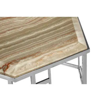 Natural Onyx Stone Top Hexagonal Coffee Table with Wavy Banding and Silver Stainless Steel Frame, Relic